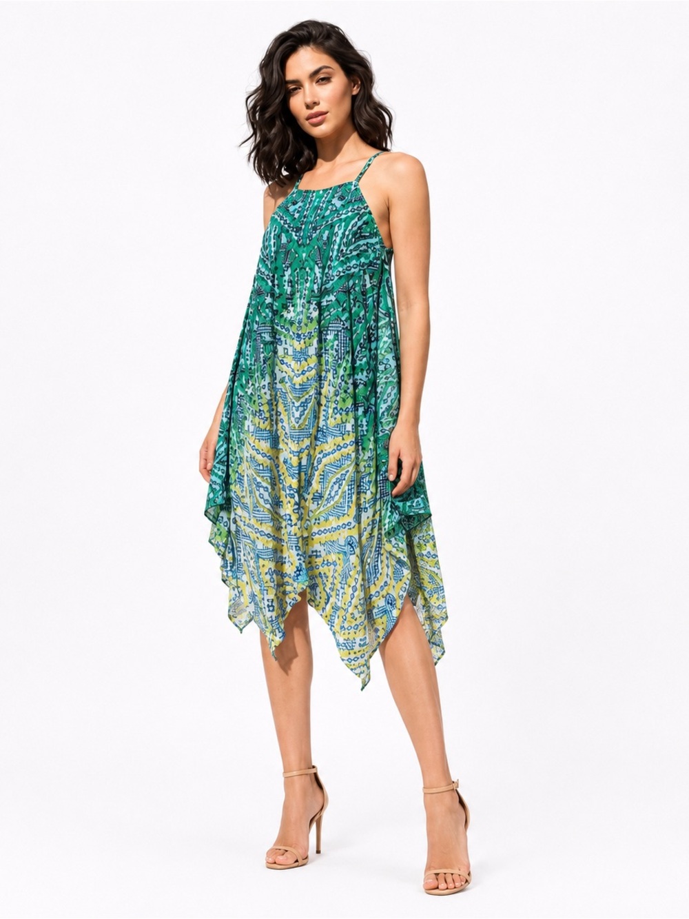 MSK Petite Boho Halter Midi Dress SP Green Blue Print Handkerchief Hem